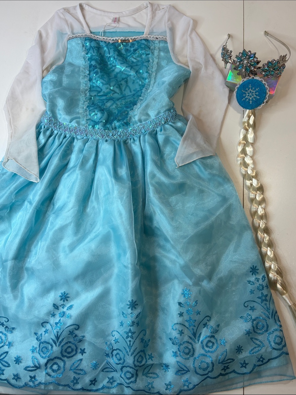 Elsa Princess Dress Costume w Disney Crown & Clip-In Braid  Girls 140 (8–10)